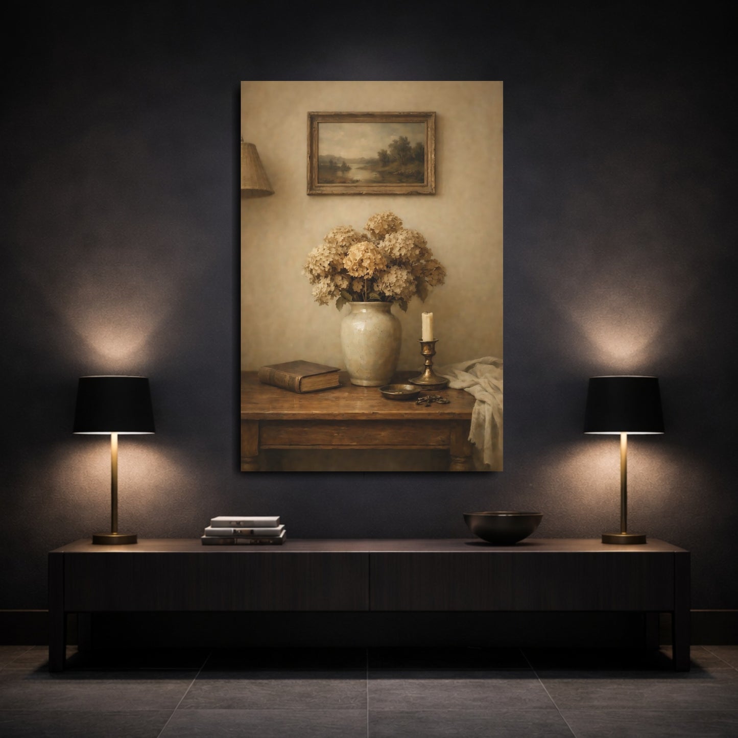 Mockup 2. Vintage Dried Hydrangeas Vintage Floral shown as stretched canvas wall art