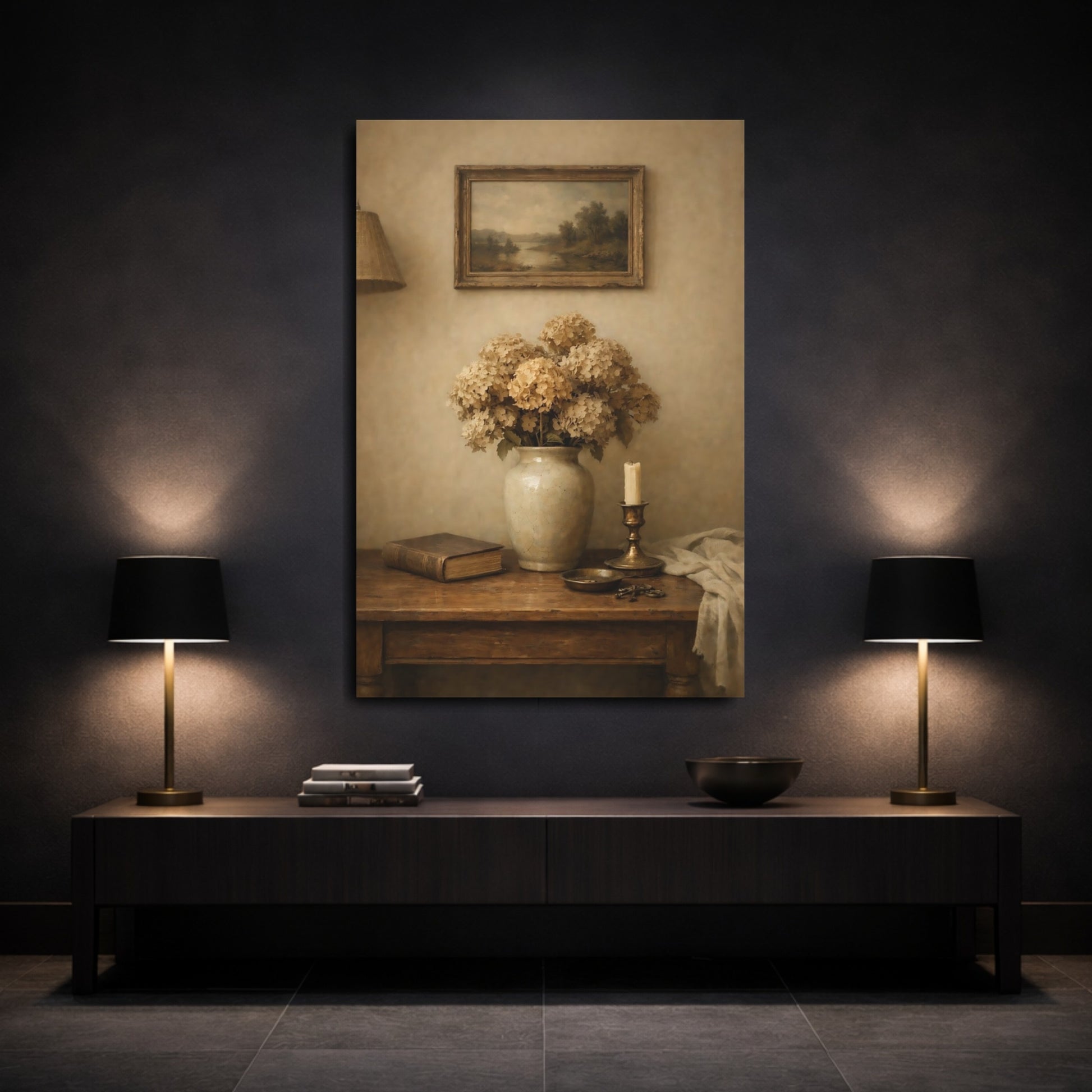 Mockup 2. Vintage Dried Hydrangeas Vintage Floral shown as stretched canvas wall art