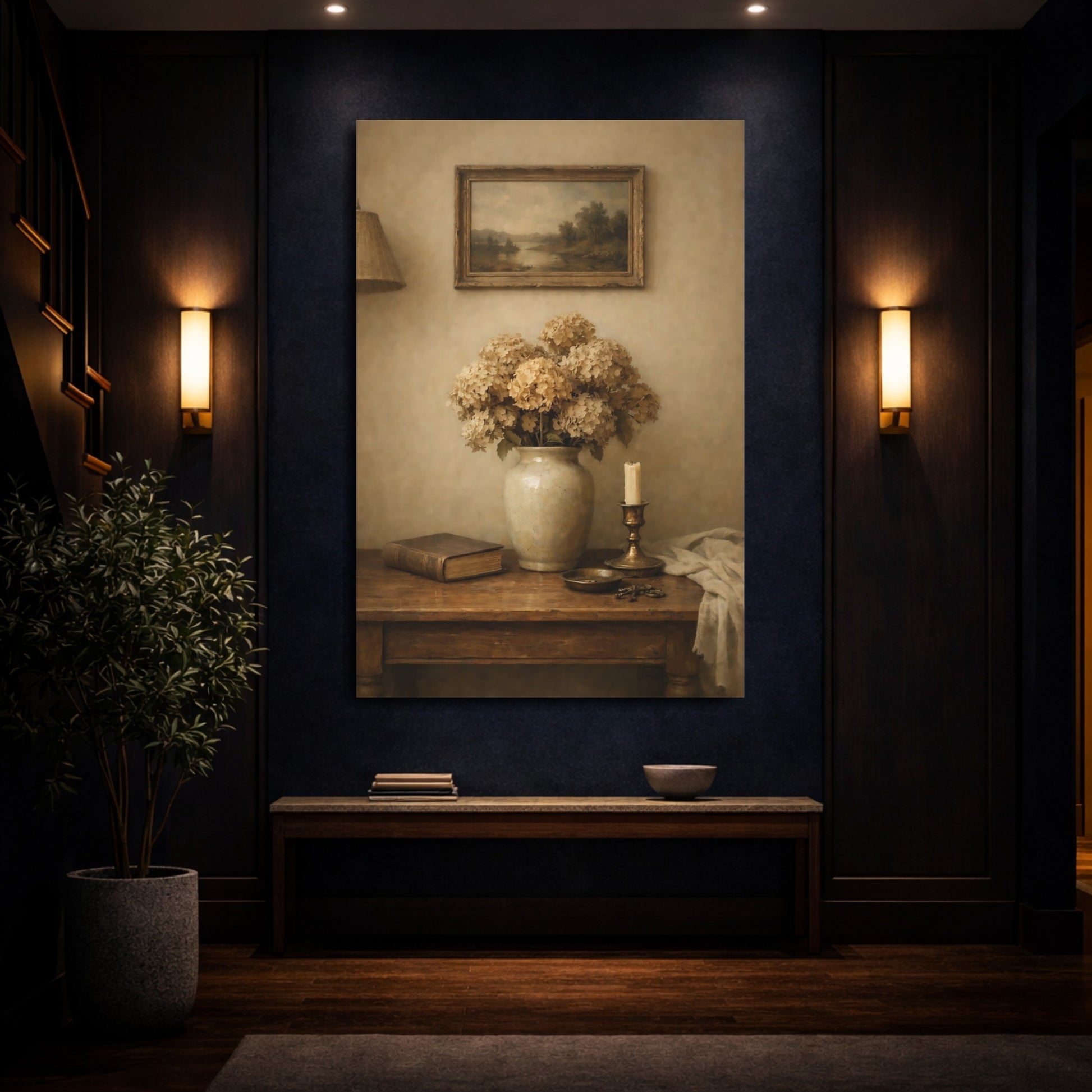 Mockup 3. Vintage Dried Hydrangeas Vintage Floral shown as stretched canvas wall art