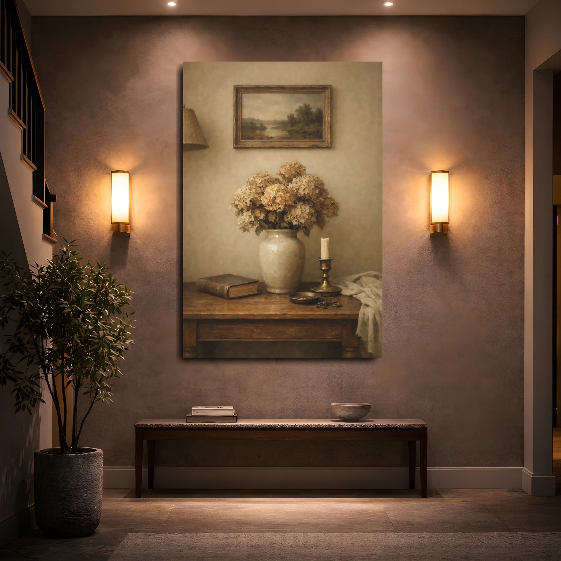 Mockup 4. Vintage Dried Hydrangeas Vintage Floral shown as stretched canvas wall art