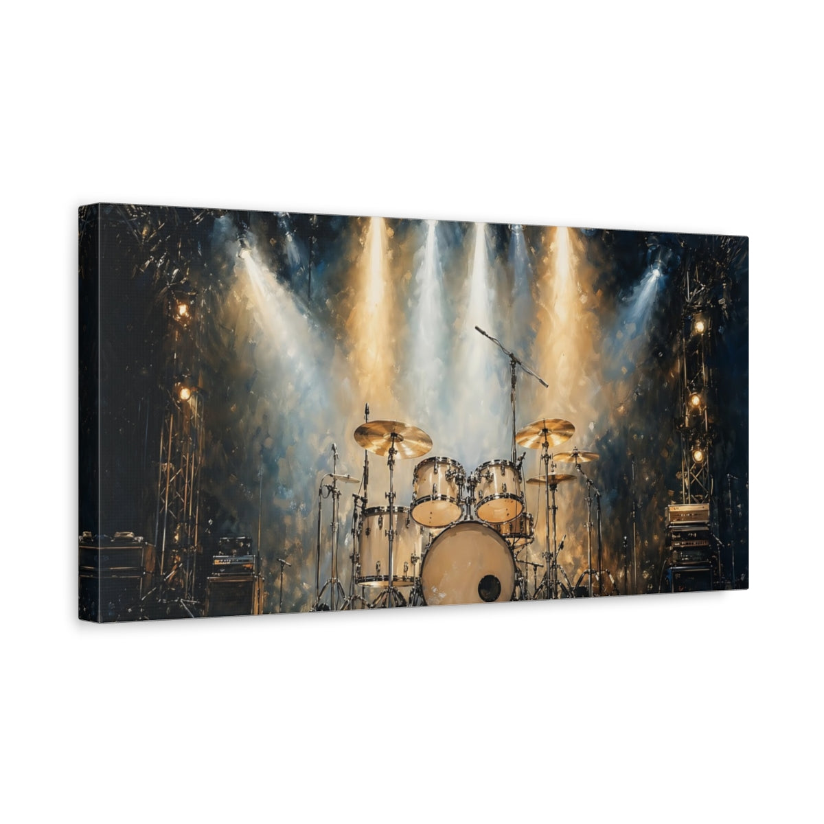 Side Mockup 3. Vintage Drum Kit Gold And Blue shown as stretched canvas wall art