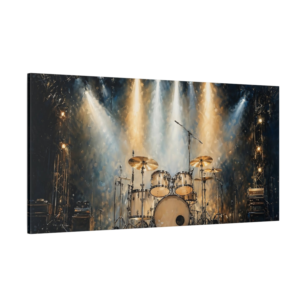 Side Mockup 2. Vintage Drum Kit Gold And Blue shown as stretched canvas wall art