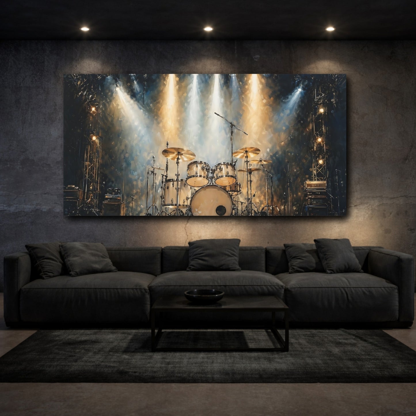 Mockup 2. Vintage Drum Kit Gold And Blue shown as stretched canvas wall art