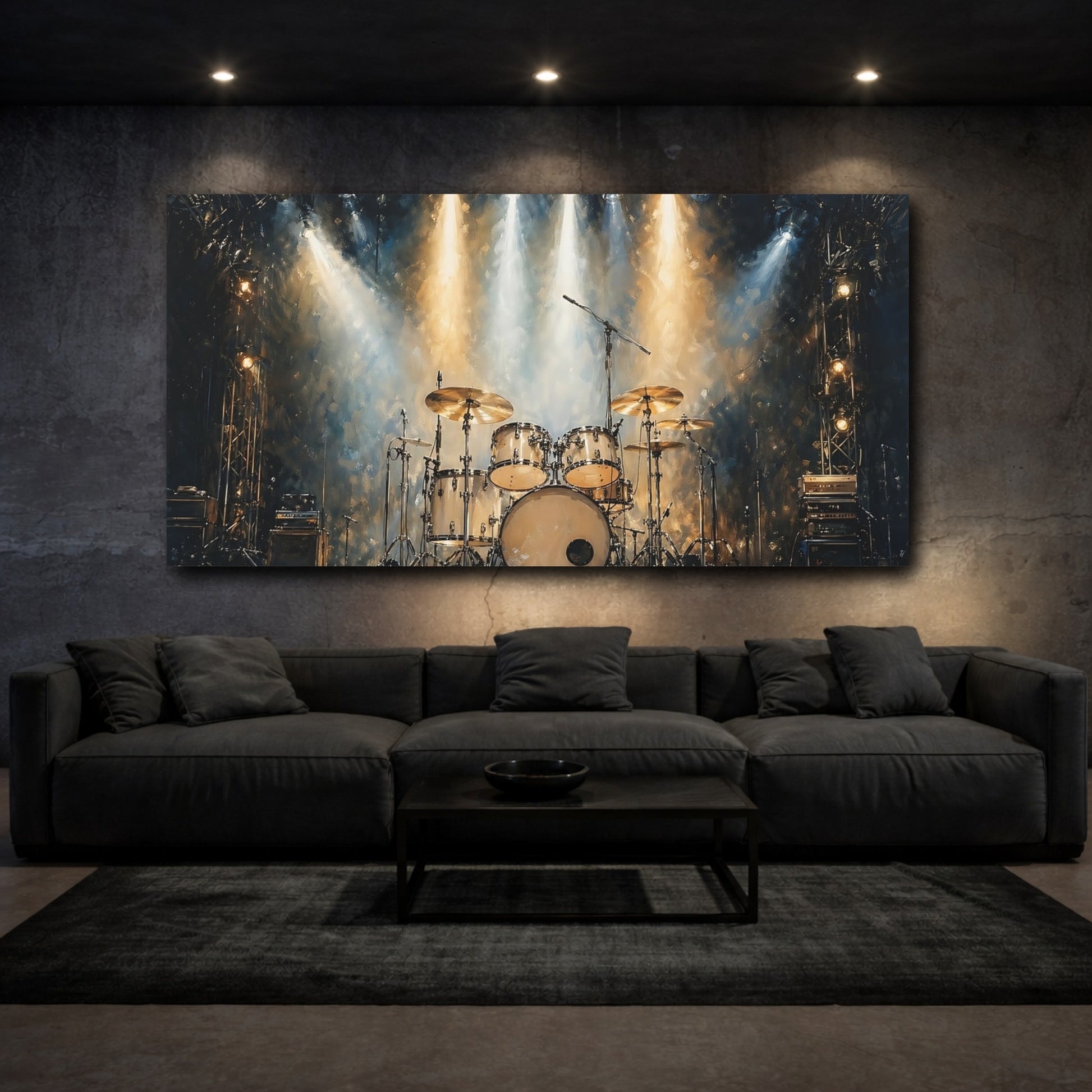 Mockup 2. Vintage Drum Kit Gold And Blue shown as stretched canvas wall art