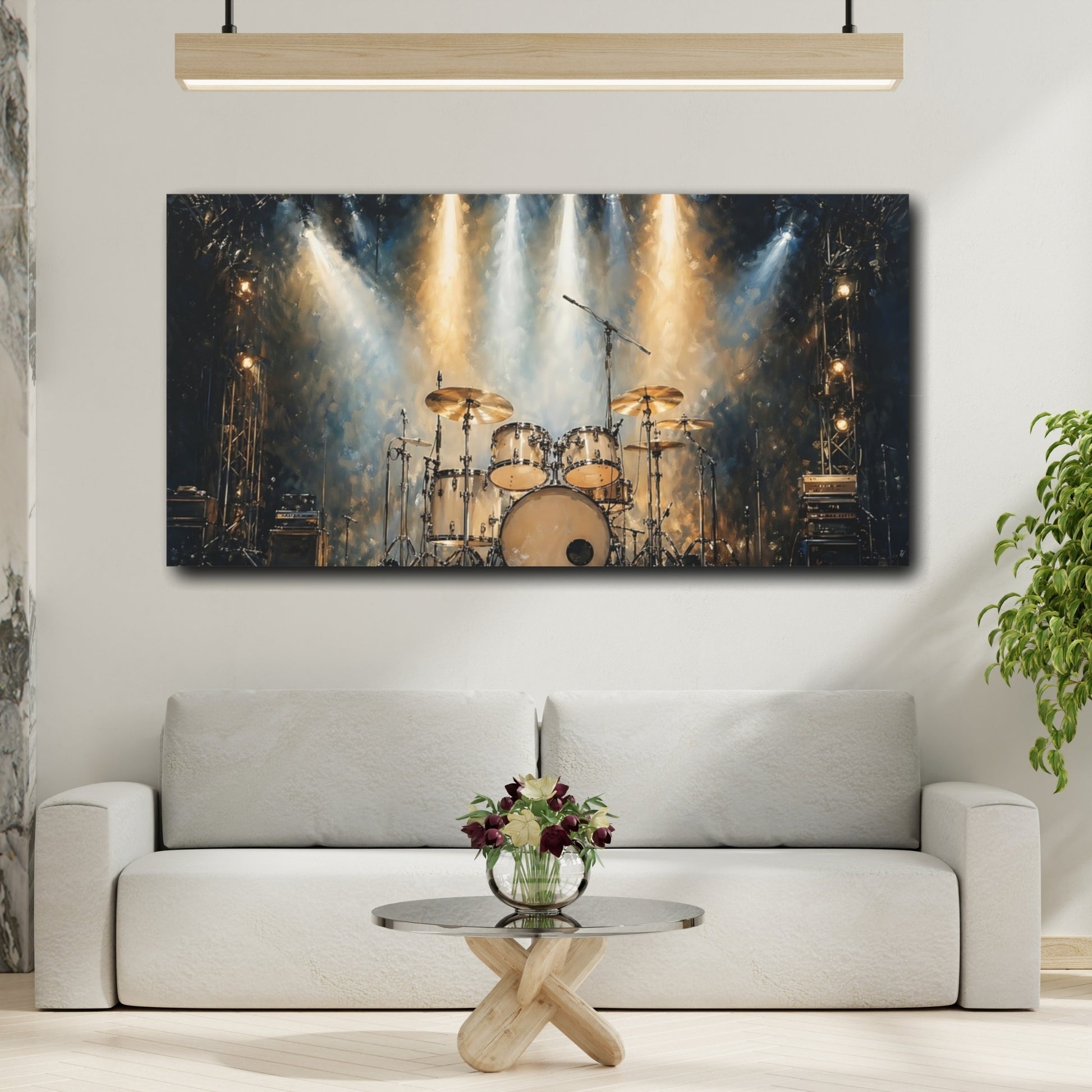 Mockup 3. Vintage Drum Kit Gold And Blue shown as stretched canvas wall art