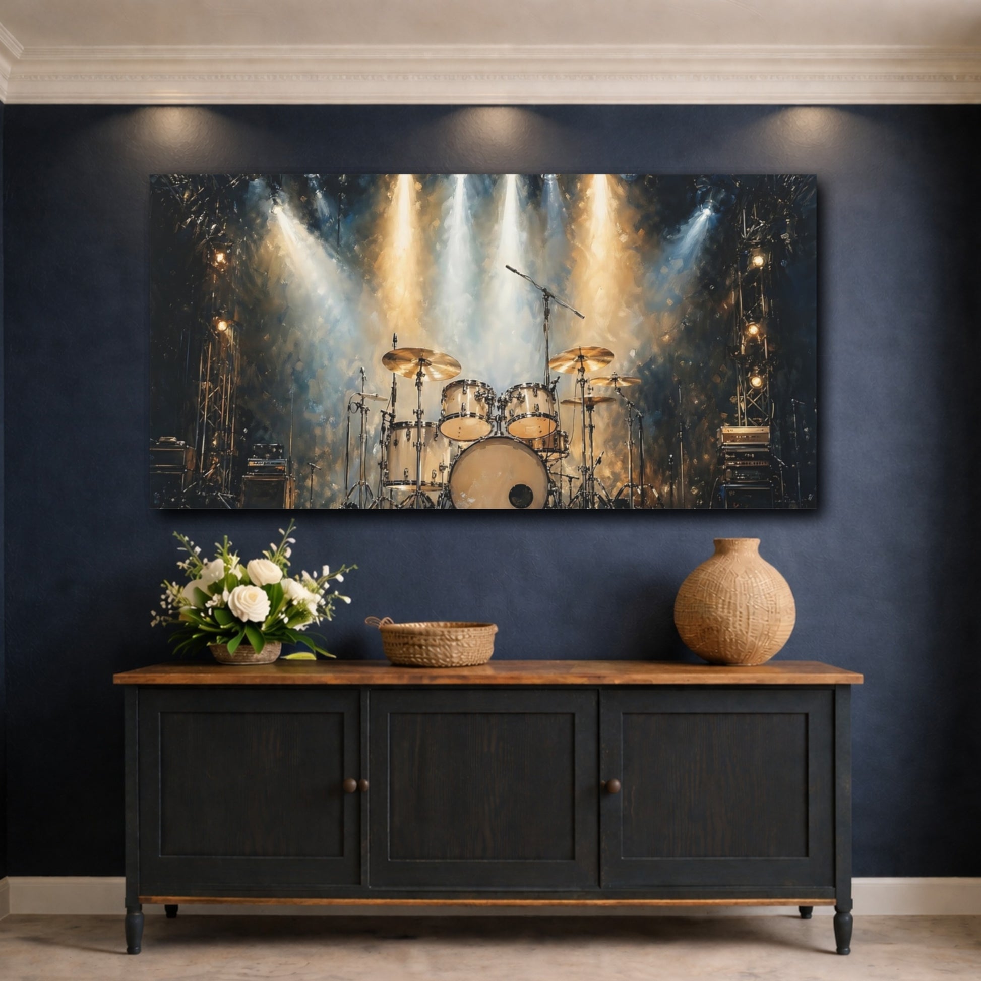 Mockup 4. Vintage Drum Kit Gold And Blue shown as stretched canvas wall art