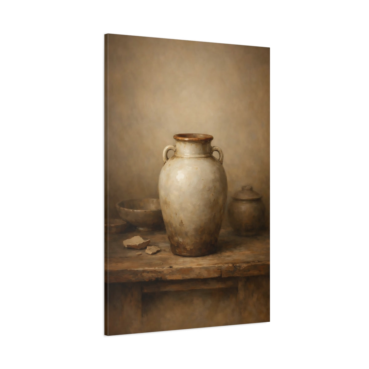 Main Mockup. Vintage Earthenware Jar Rustic Pottery shown as stretched canvas wall art