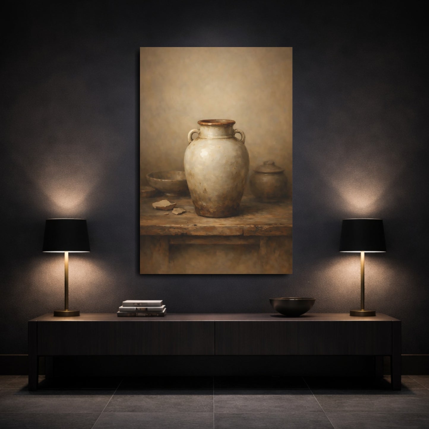 Mockup 2. Vintage Earthenware Jar Rustic Pottery shown as stretched canvas wall art