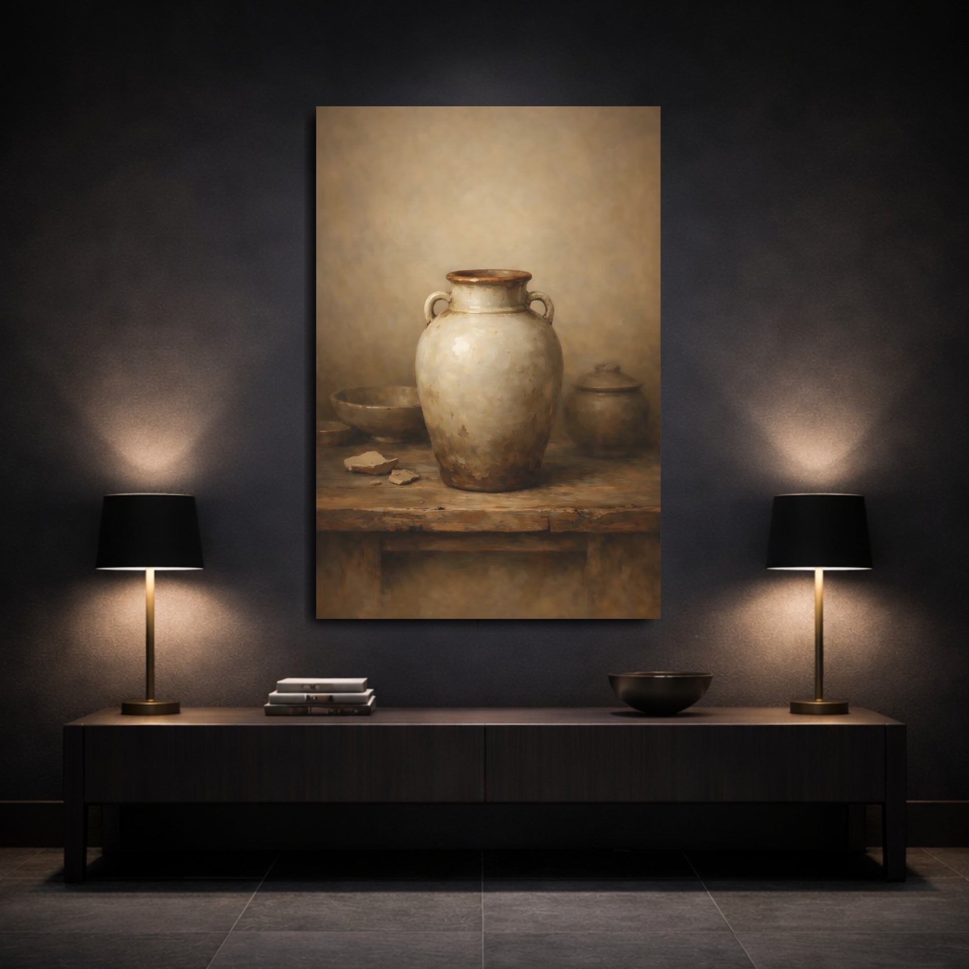 Mockup 2. Vintage Earthenware Jar Rustic Pottery shown as stretched canvas wall art