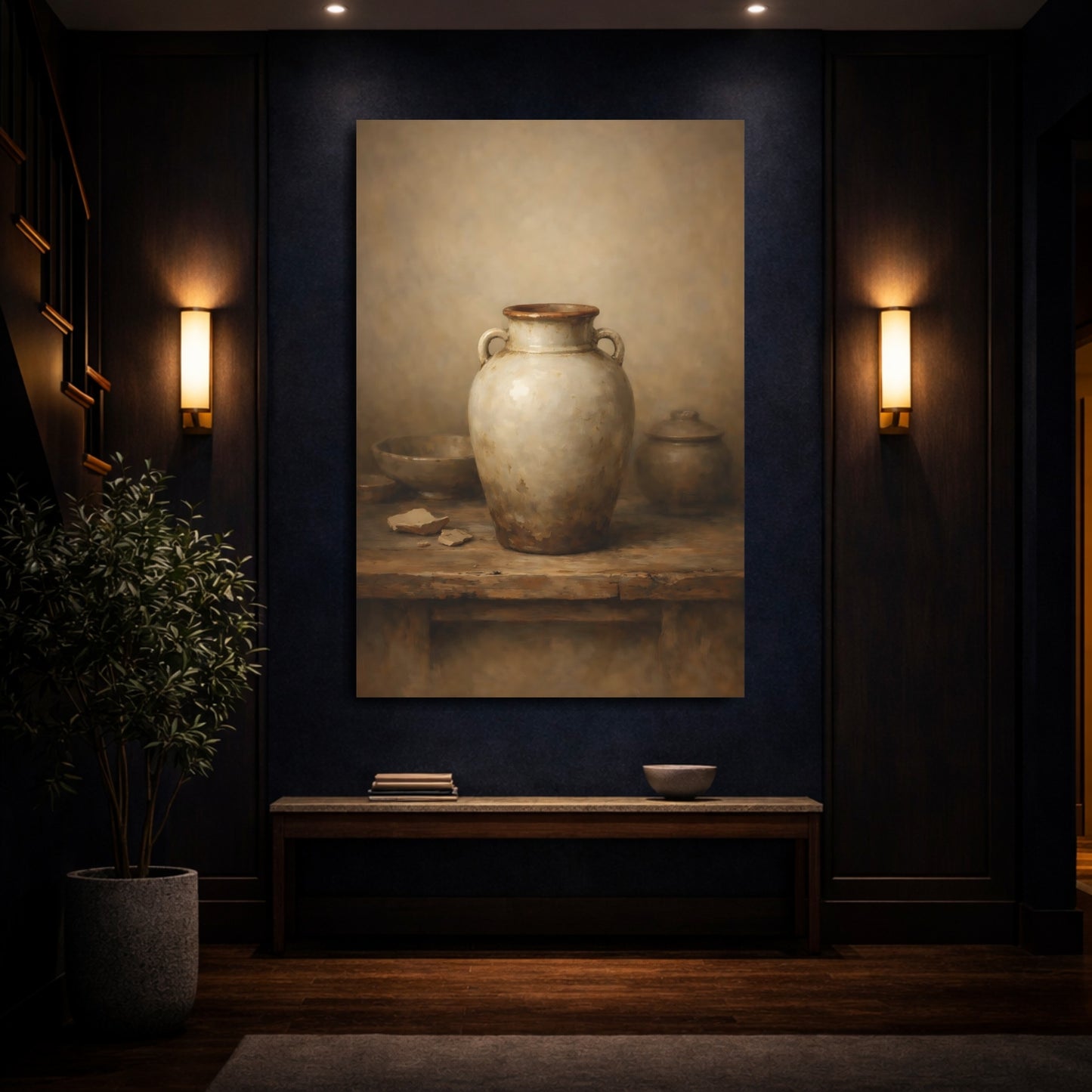 Mockup 3. Vintage Earthenware Jar Rustic Pottery shown as stretched canvas wall art