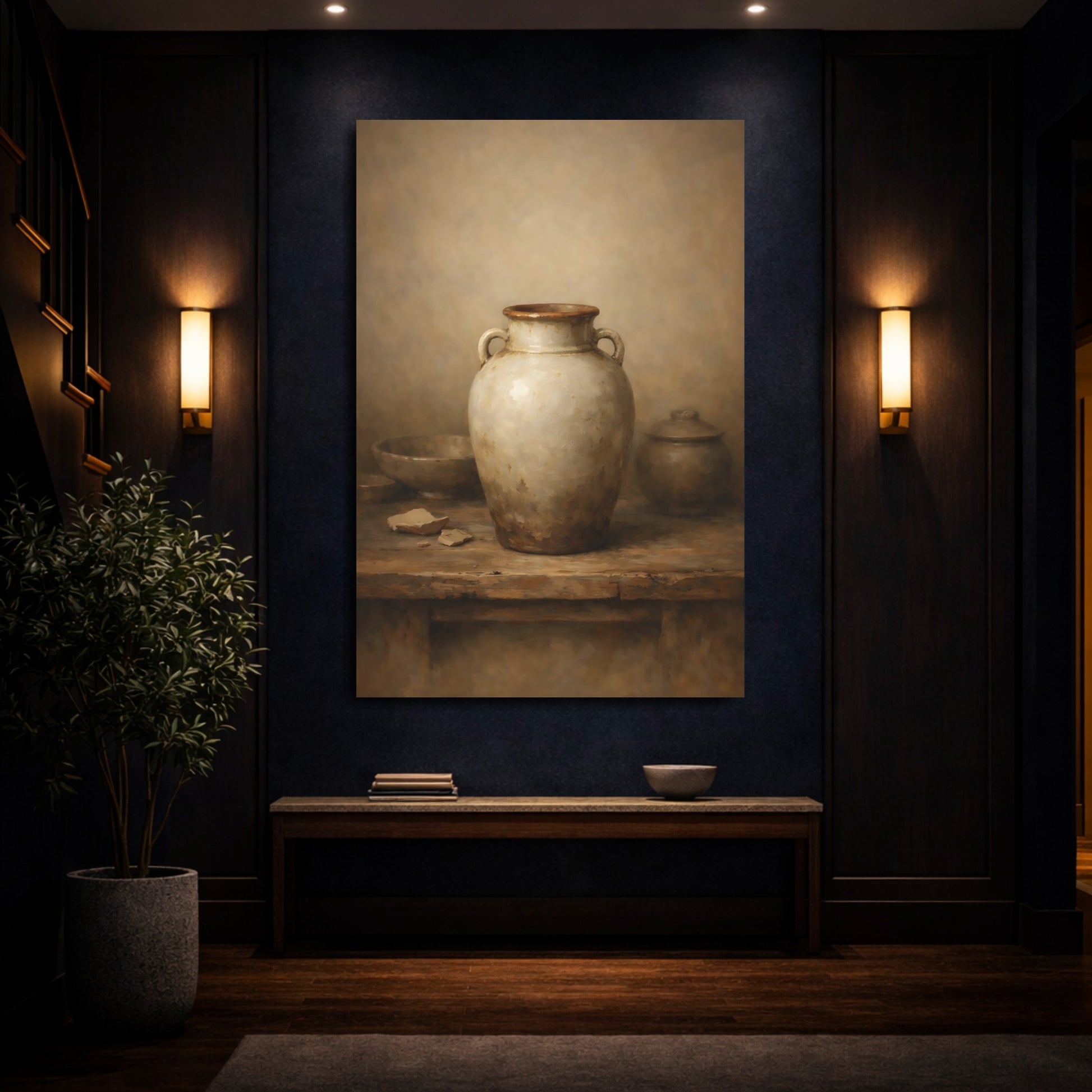 Mockup 3. Vintage Earthenware Jar Rustic Pottery shown as stretched canvas wall art