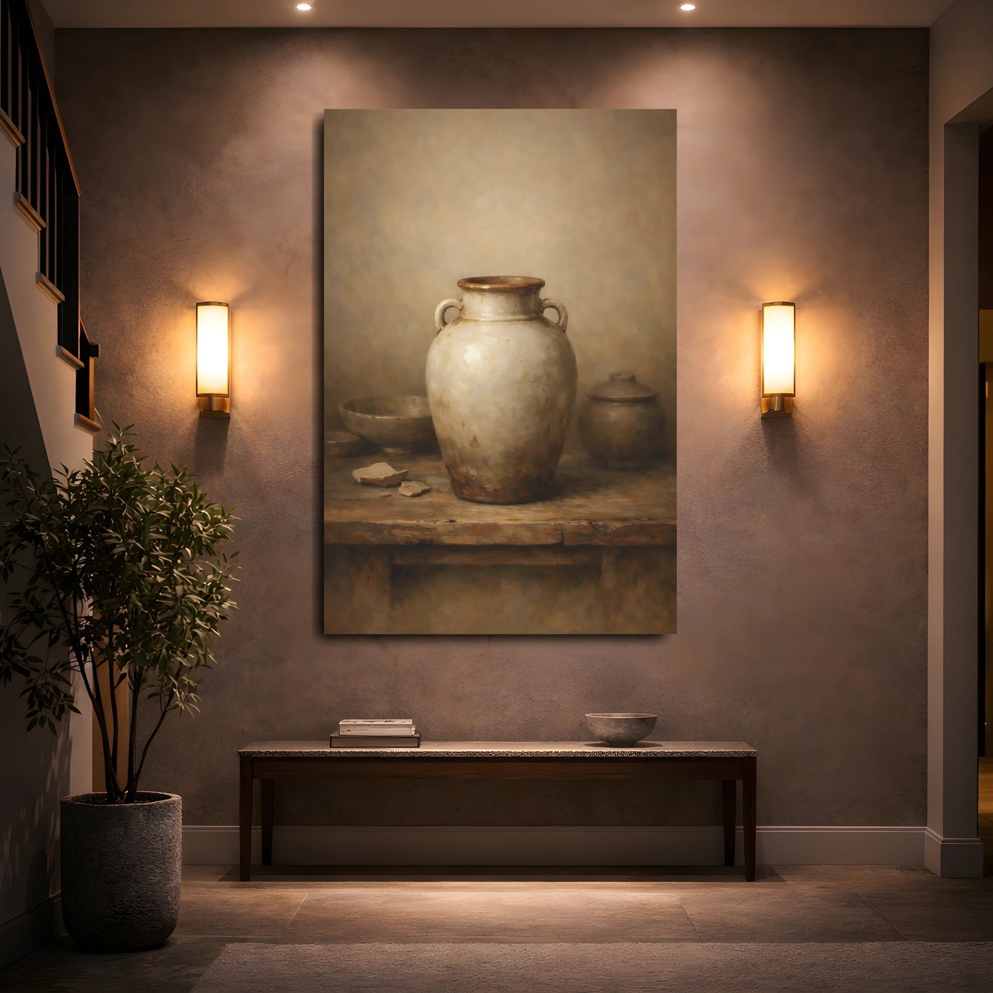 Mockup 4. Vintage Earthenware Jar Rustic Pottery shown as stretched canvas wall art