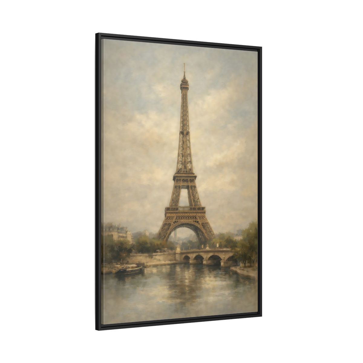 Main Mockup. Vintage Eiffel Tower Brown And Grey shown as stretched canvas wall art