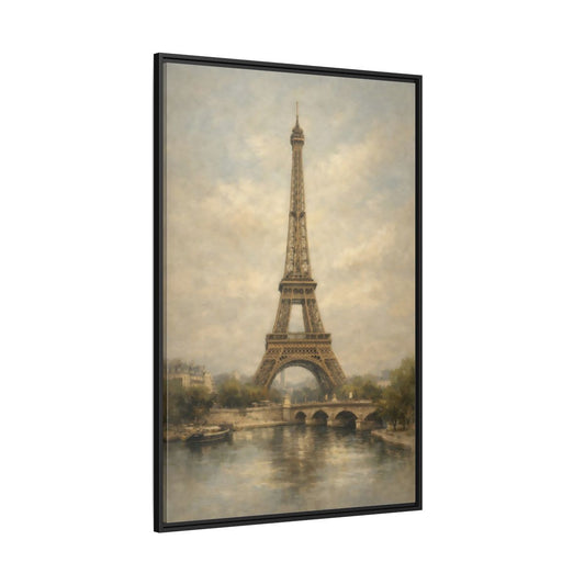 Main Mockup. Vintage Eiffel Tower Brown And Grey shown as stretched canvas wall art