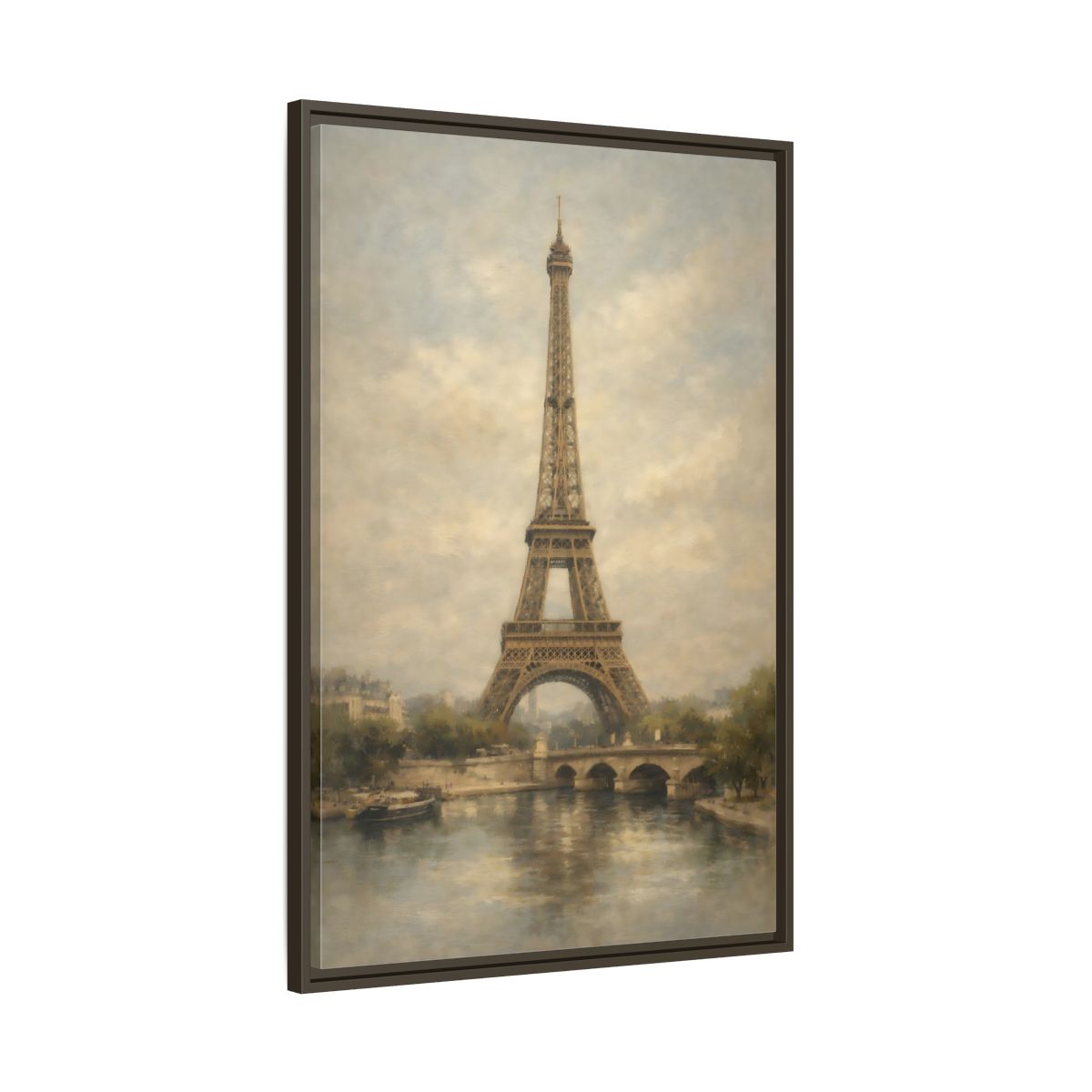 Side Mockup 10. Vintage Eiffel Tower Brown And Grey shown as stretched canvas wall art