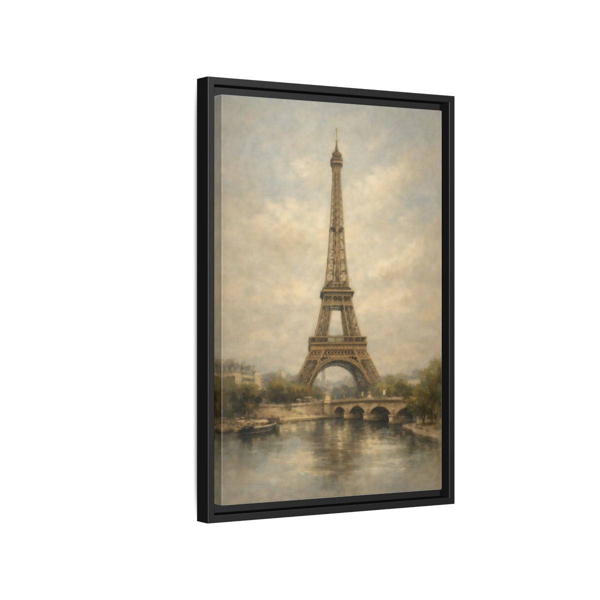 Side Mockup 3. Vintage Eiffel Tower Brown And Grey shown as stretched canvas wall art