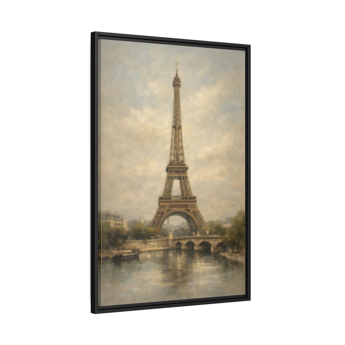 Side Mockup 13. Vintage Eiffel Tower Brown And Grey shown as stretched canvas wall art