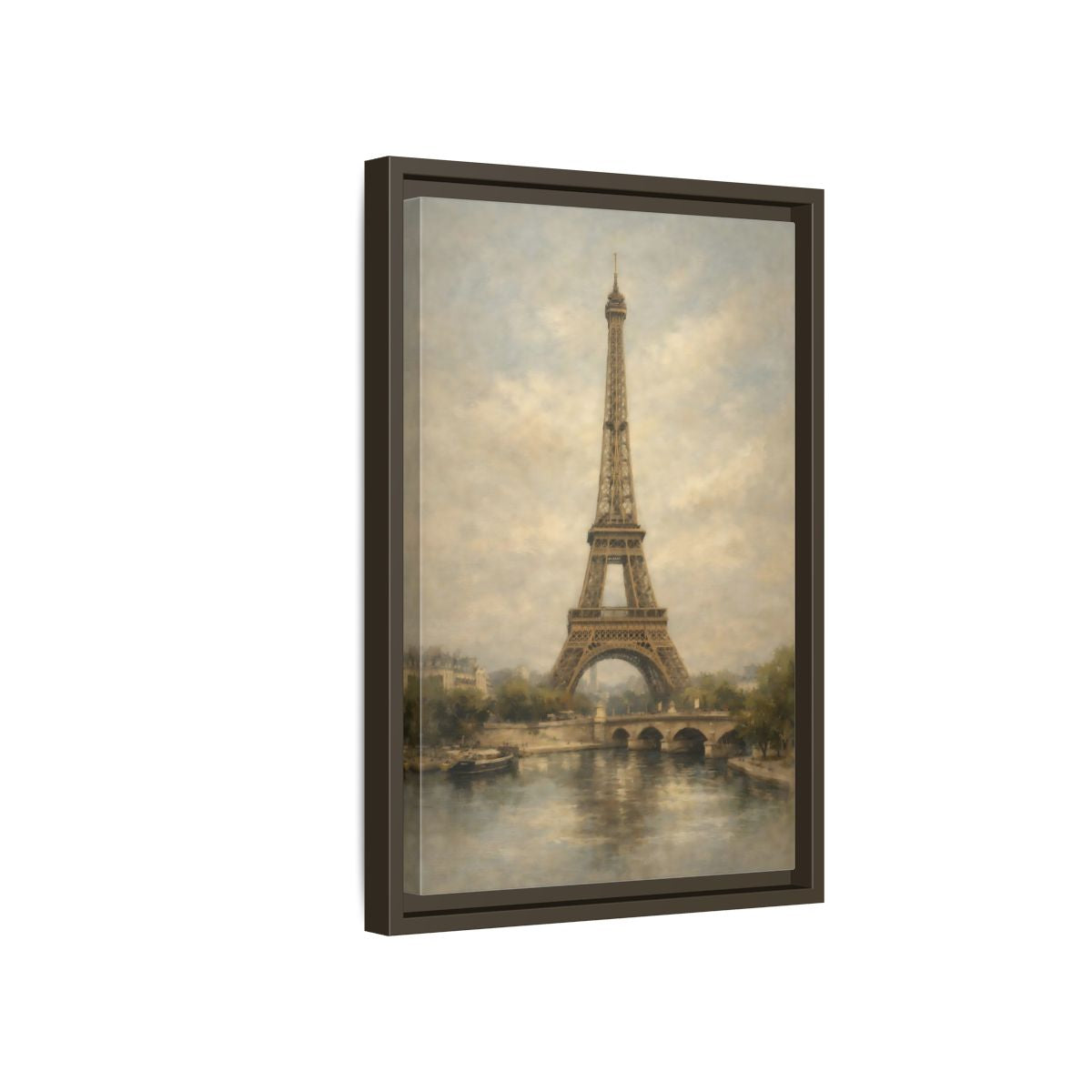 Side Mockup 5. Vintage Eiffel Tower Brown And Grey shown as stretched canvas wall art