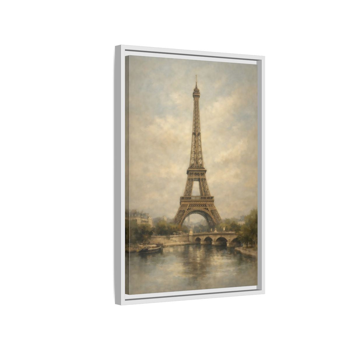 Side Mockup 1. Vintage Eiffel Tower Brown And Grey shown as stretched canvas wall art