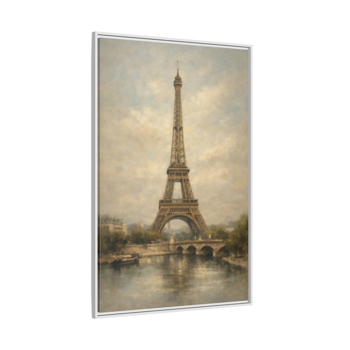 Side Mockup 7. Vintage Eiffel Tower Brown And Grey shown as stretched canvas wall art