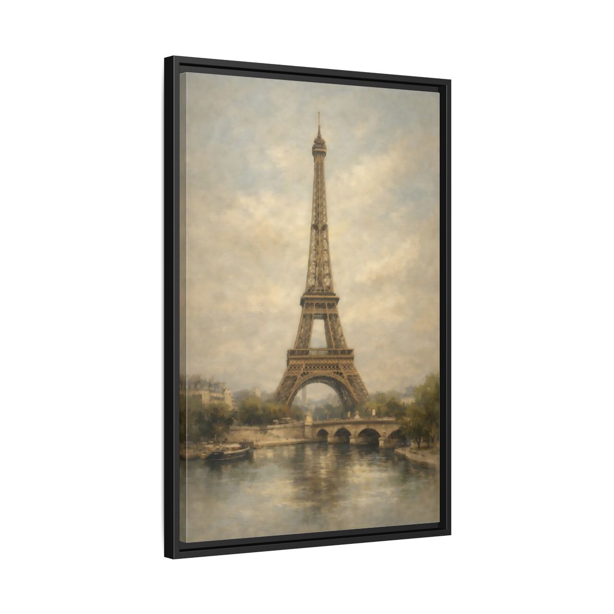 Side Mockup 14. Vintage Eiffel Tower Brown And Grey shown as stretched canvas wall art