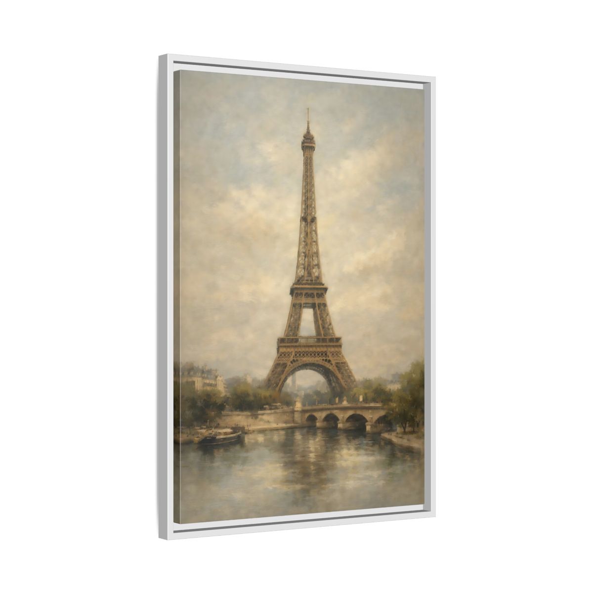 Side Mockup 11. Vintage Eiffel Tower Brown And Grey shown as stretched canvas wall art