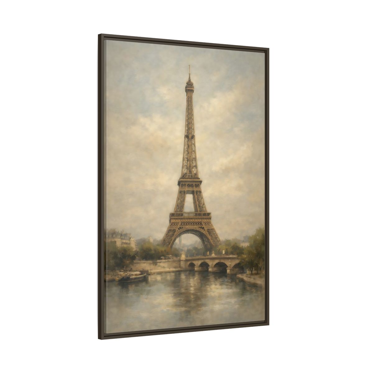 Side Mockup 8. Vintage Eiffel Tower Brown And Grey shown as stretched canvas wall art