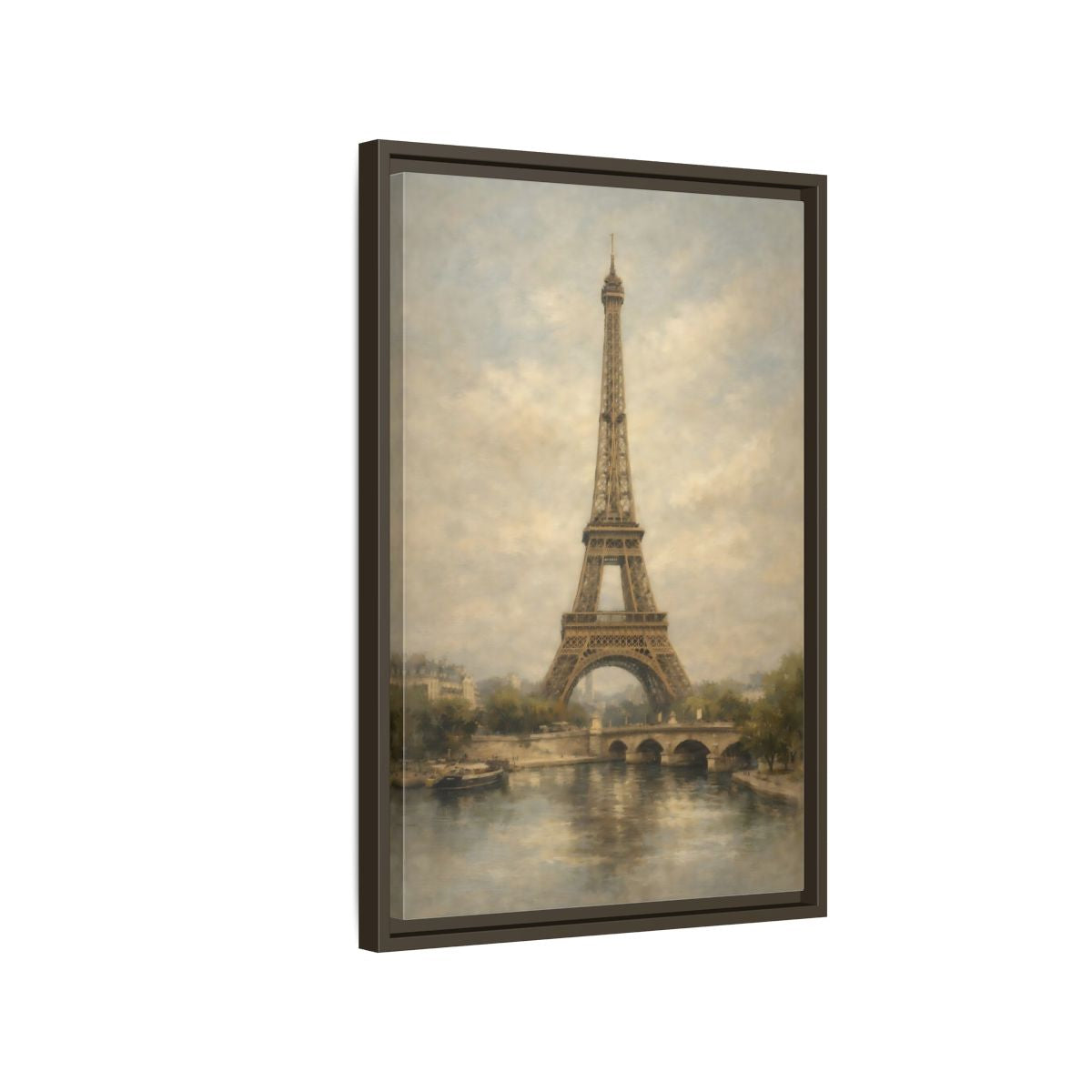 Side Mockup 2. Vintage Eiffel Tower Brown And Grey shown as stretched canvas wall art