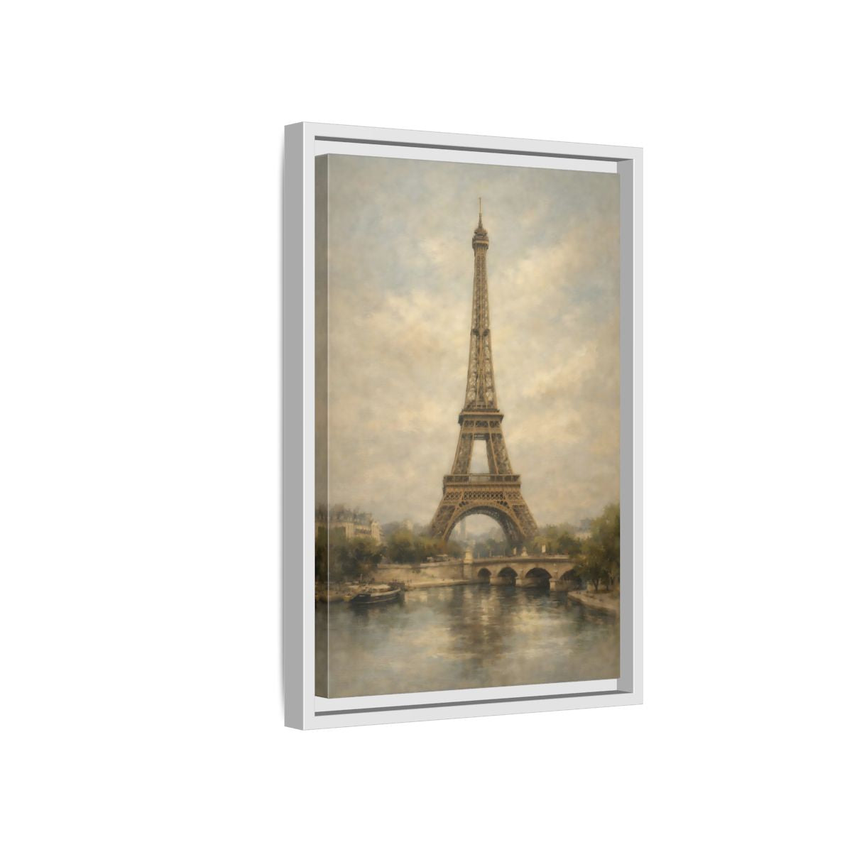 Side Mockup 4. Vintage Eiffel Tower Brown And Grey shown as stretched canvas wall art