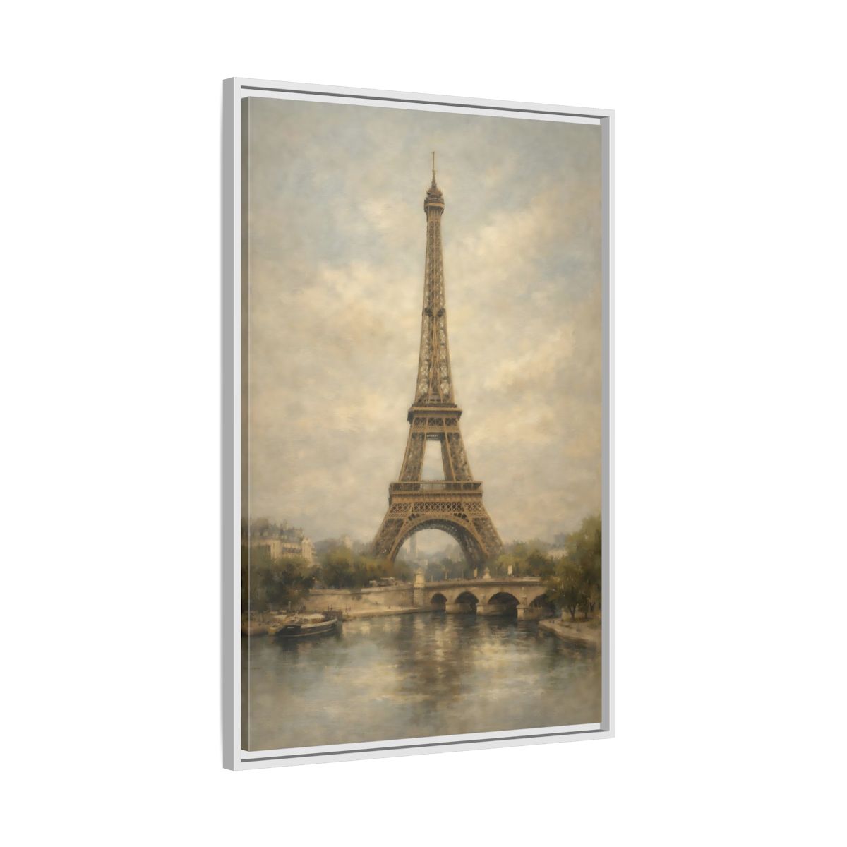 Side Mockup 9. Vintage Eiffel Tower Brown And Grey shown as stretched canvas wall art