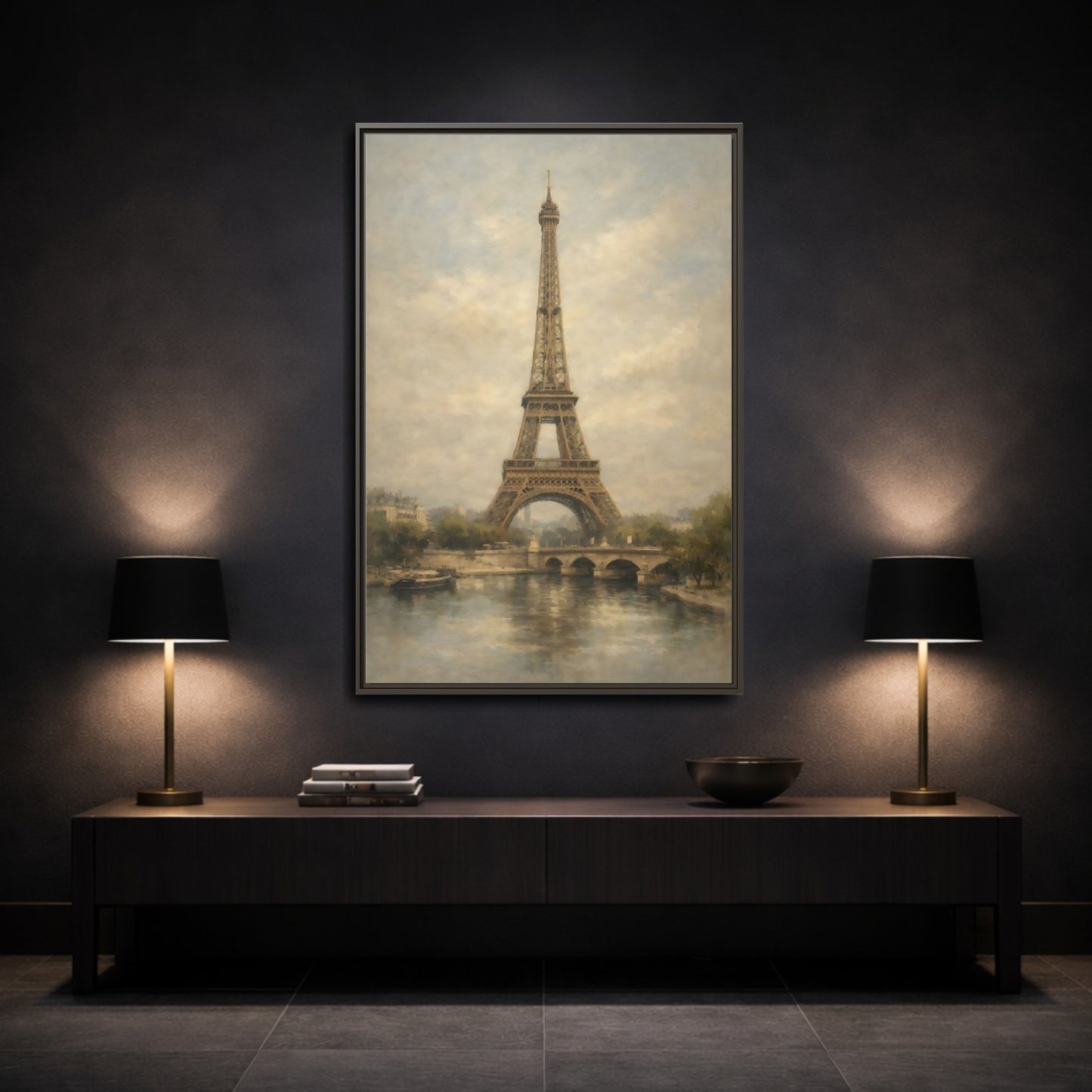 Mockup 2. Vintage Eiffel Tower Brown And Grey shown as stretched canvas wall art
