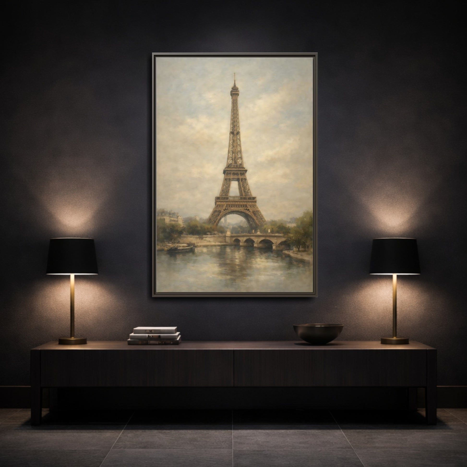 Mockup 2. Vintage Eiffel Tower Brown And Grey shown as stretched canvas wall art