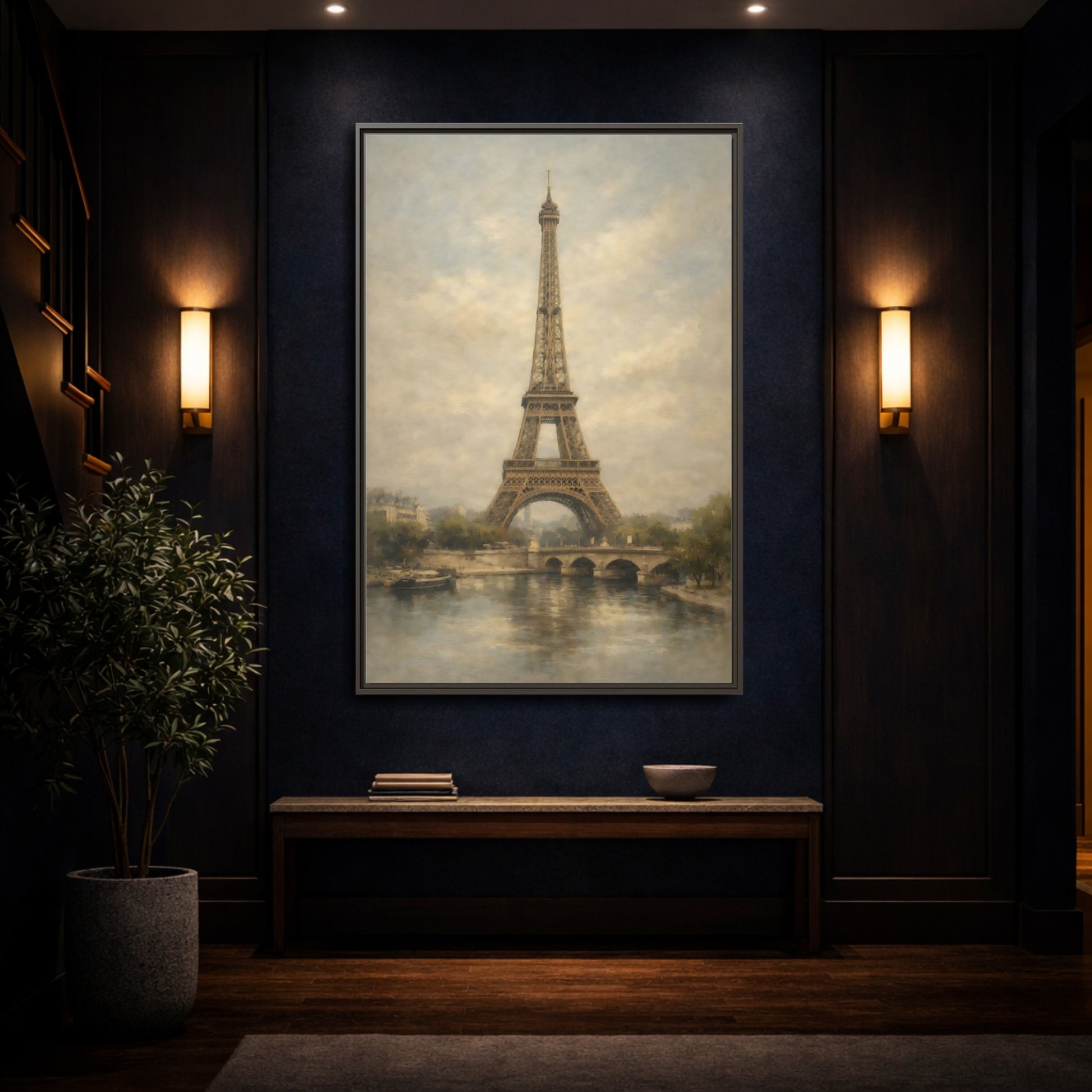 Mockup 3. Vintage Eiffel Tower Brown And Grey shown as stretched canvas wall art