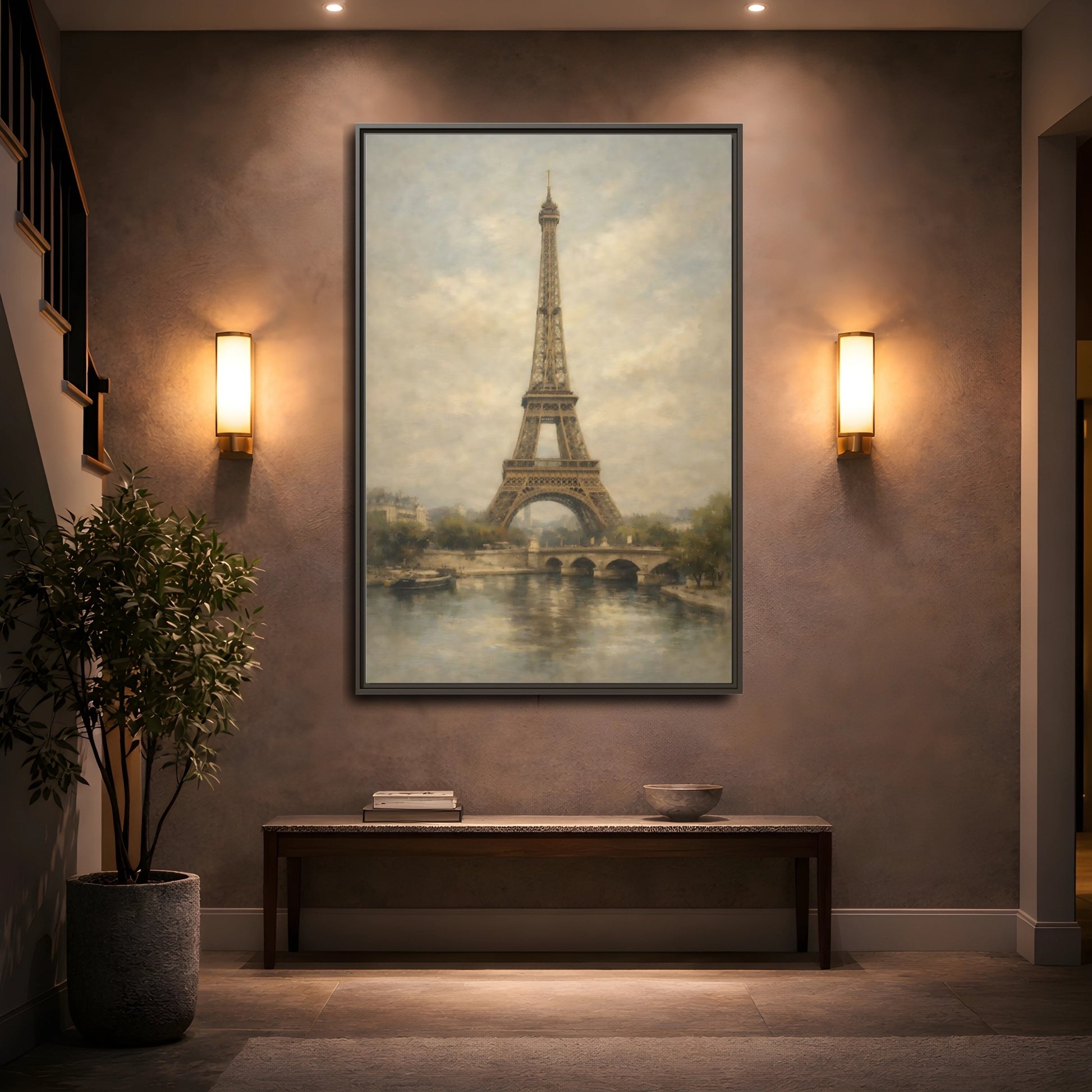 Mockup 4. Vintage Eiffel Tower Brown And Grey shown as stretched canvas wall art