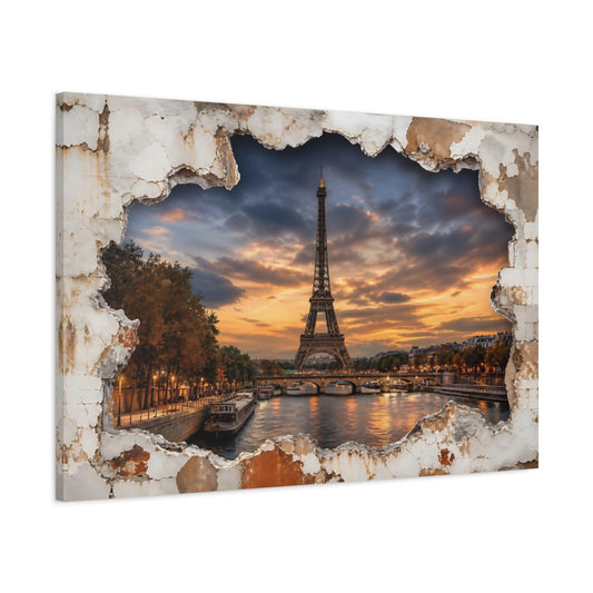 Main Mockup. Vintage Eiffel Tower Orange And Blue shown as stretched canvas wall art