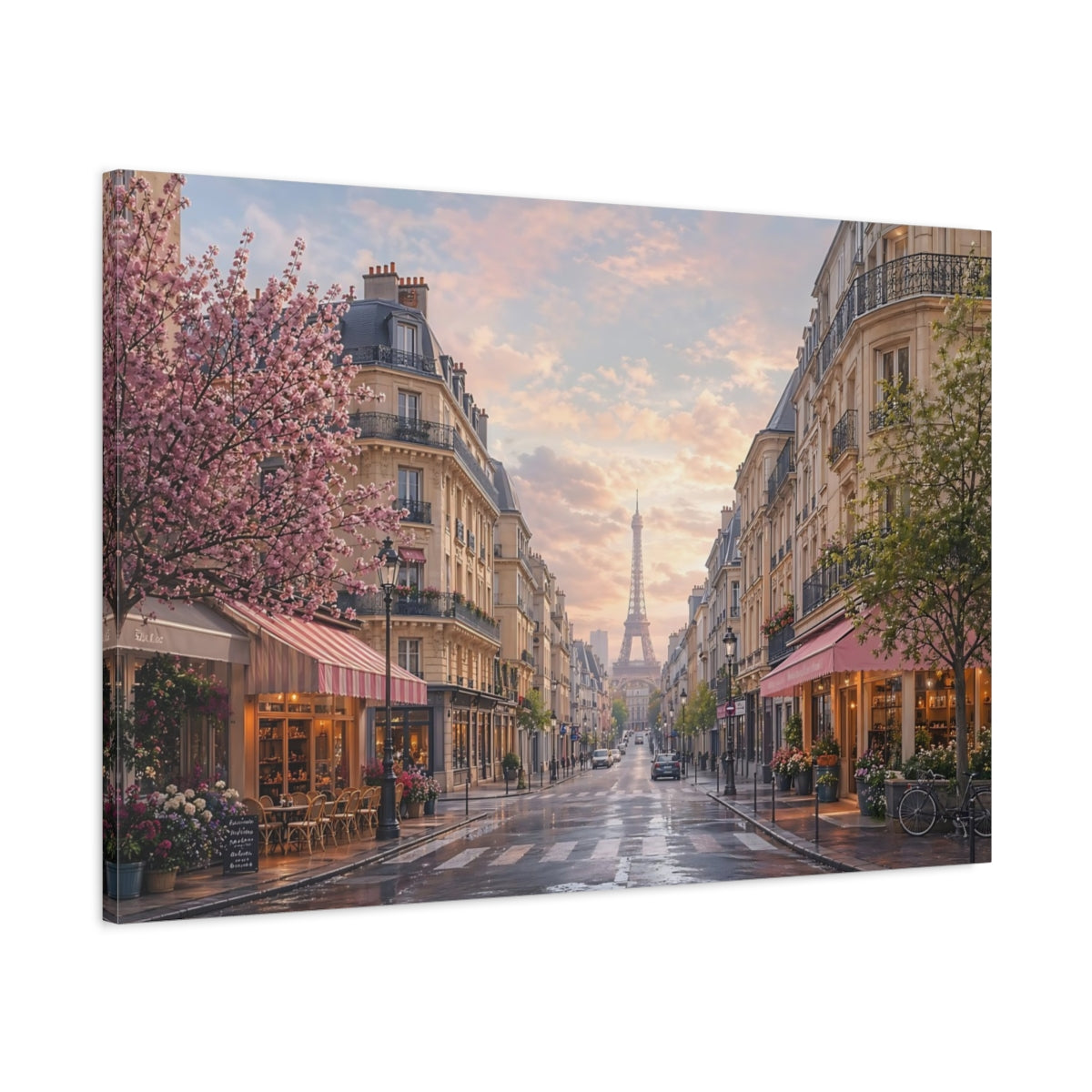 Main Mockup. Vintage Eiffel Tower Pink And Blue shown as stretched canvas wall art
