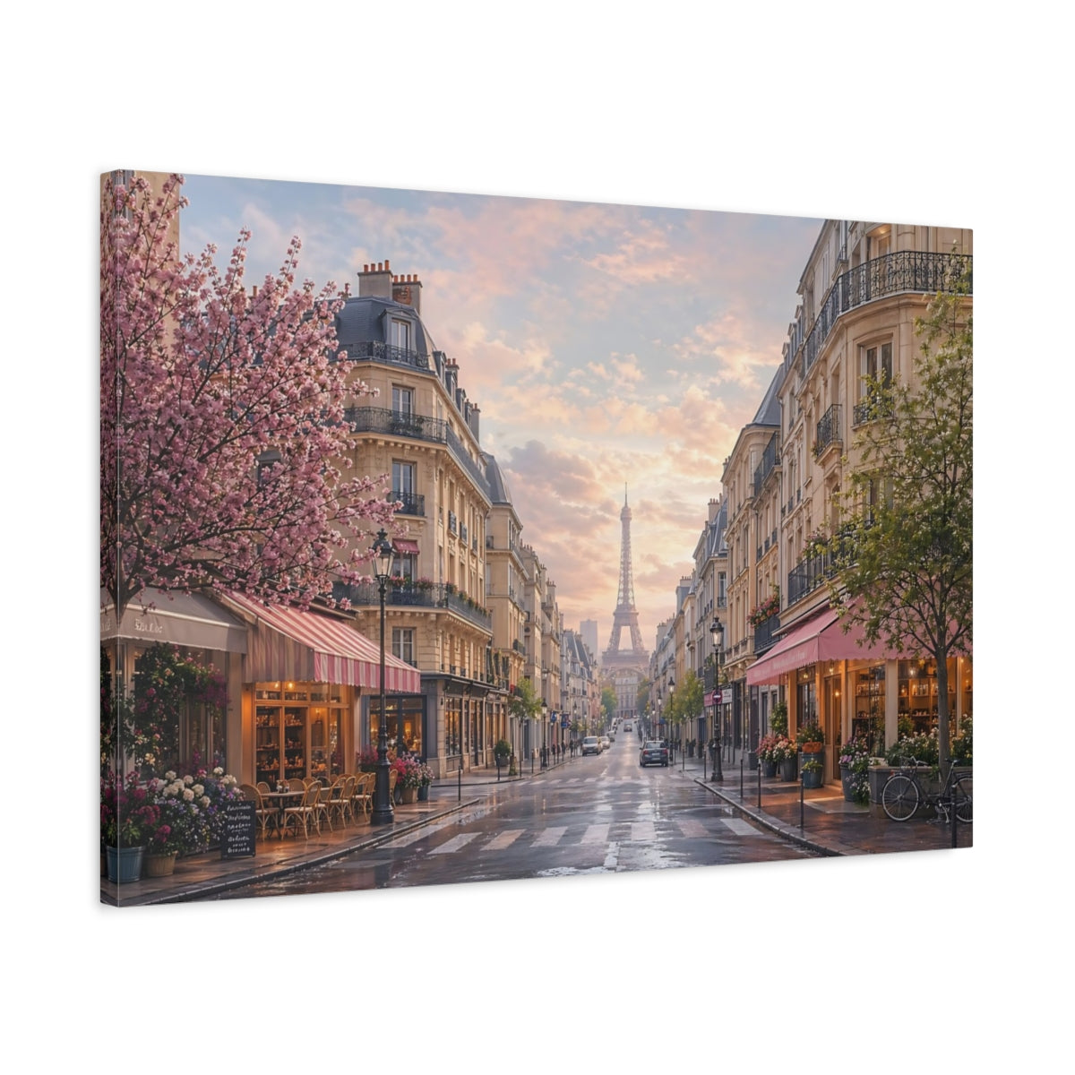 Side Mockup 2. Vintage Eiffel Tower Pink And Blue shown as stretched canvas wall art