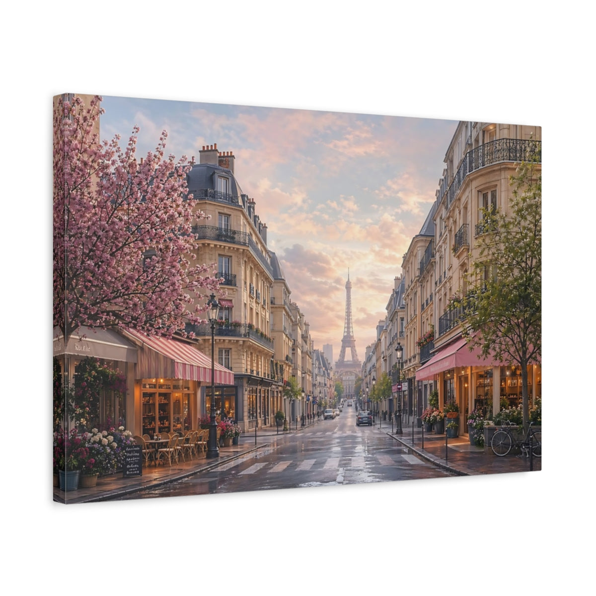 Side Mockup 3. Vintage Eiffel Tower Pink And Blue shown as stretched canvas wall art