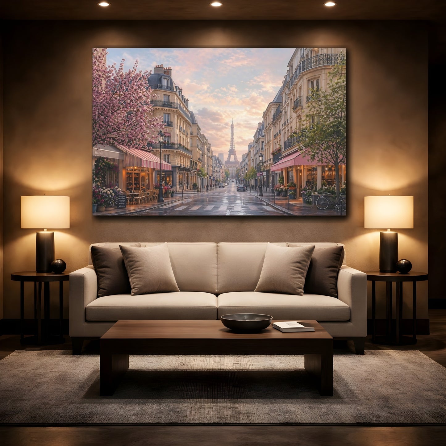 Mockup 2. Vintage Eiffel Tower Pink And Blue shown as stretched canvas wall art