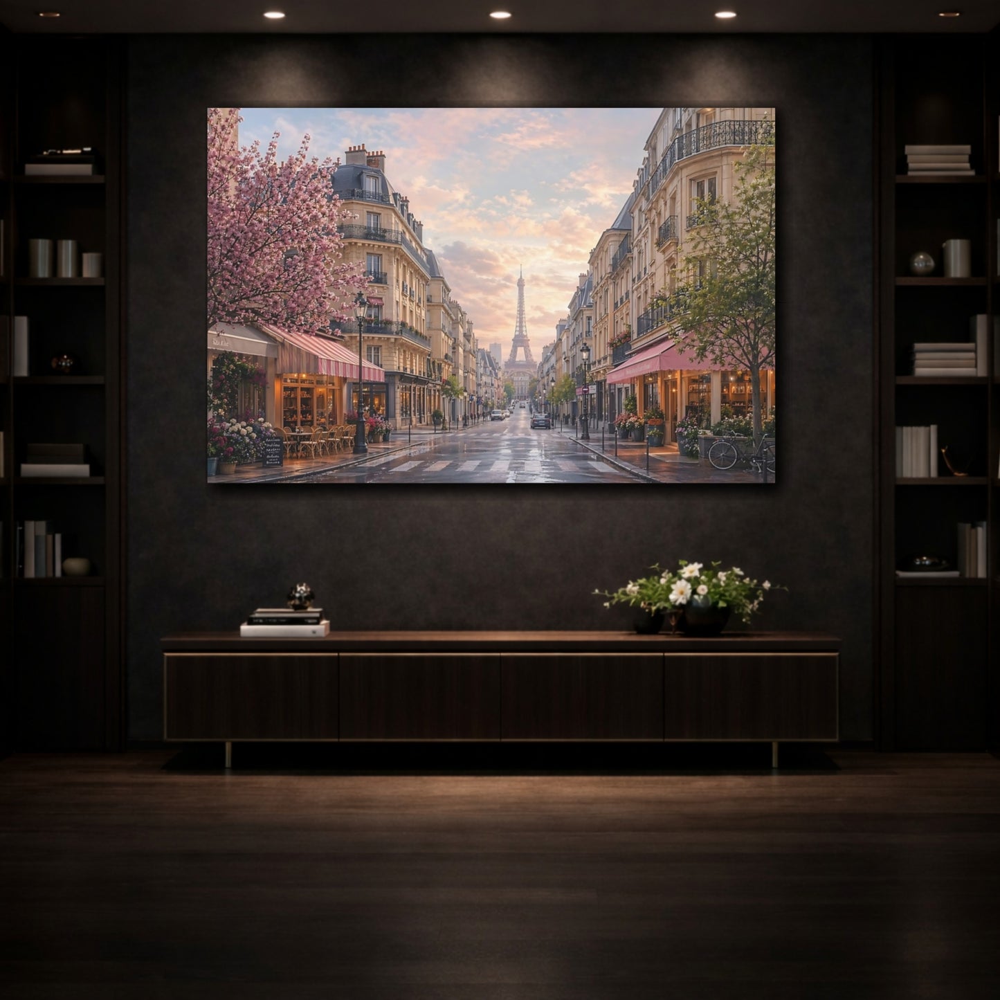 Mockup 3. Vintage Eiffel Tower Pink And Blue shown as stretched canvas wall art