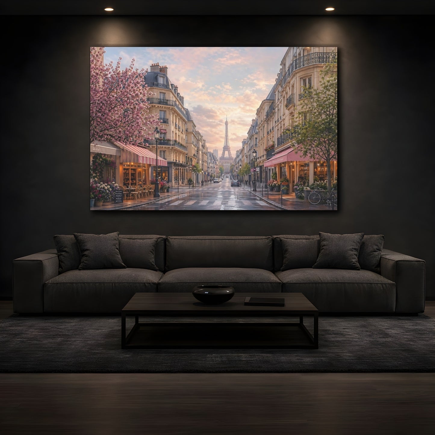 Mockup 4. Vintage Eiffel Tower Pink And Blue shown as stretched canvas wall art