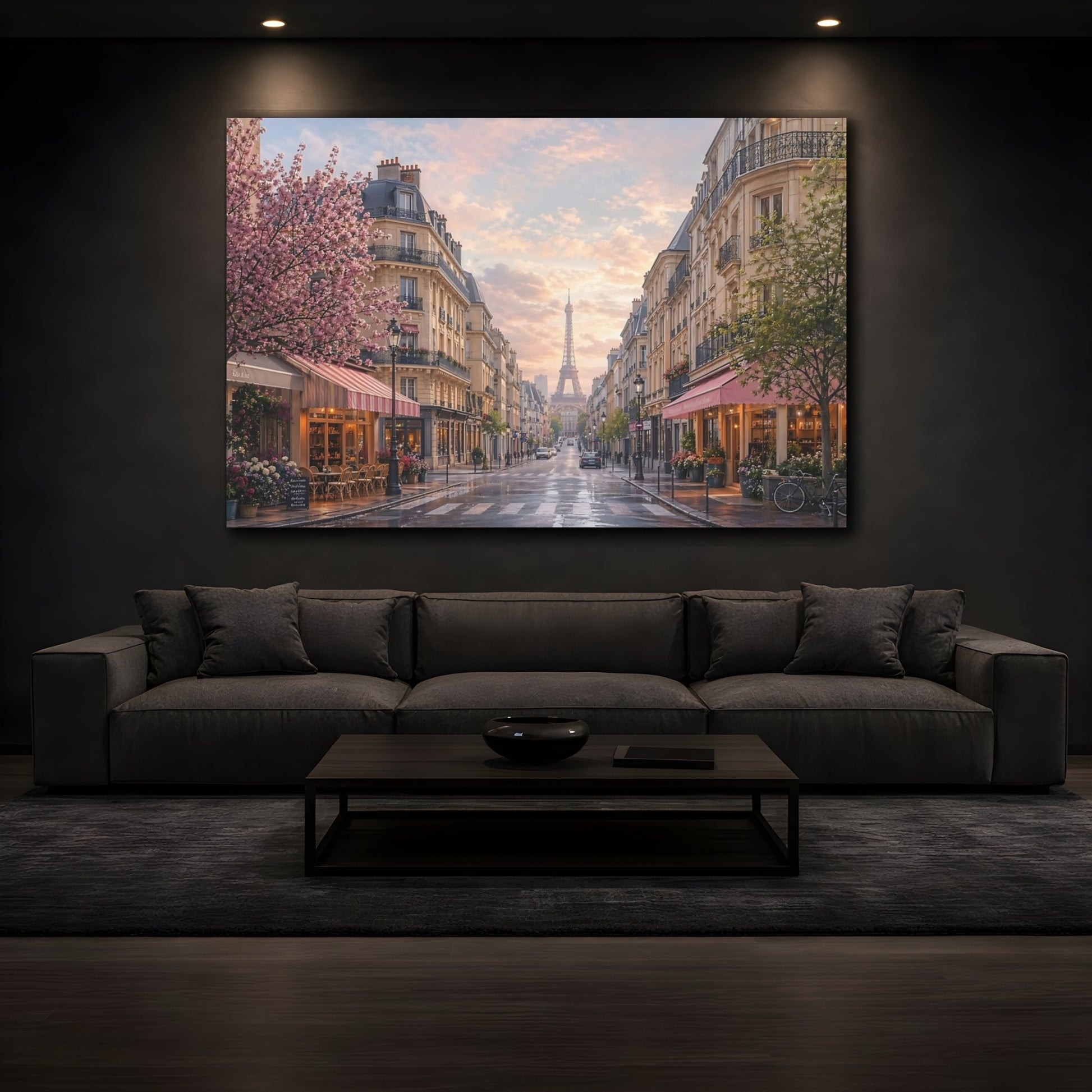 Mockup 4. Vintage Eiffel Tower Pink And Blue shown as stretched canvas wall art