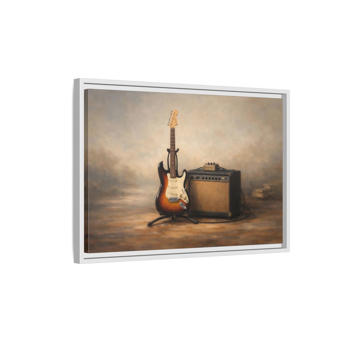 Side Mockup 1. Vintage Electric Guitar Brown And Gold shown as stretched canvas wall art