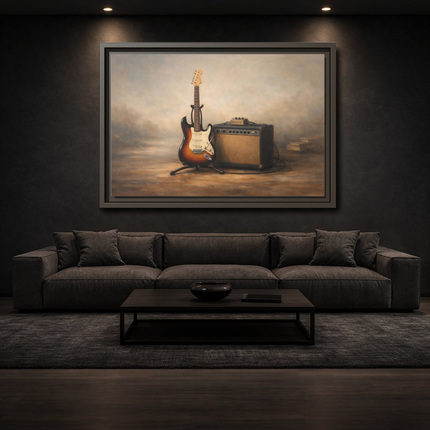 Mockup 2. Vintage Electric Guitar Brown And Gold shown as stretched canvas wall art