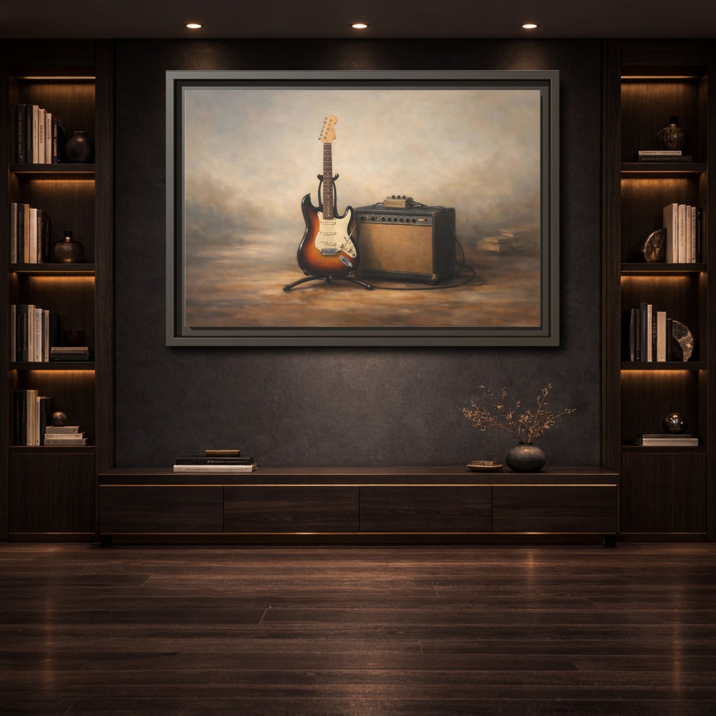 Mockup 3. Vintage Electric Guitar Brown And Gold shown as stretched canvas wall art