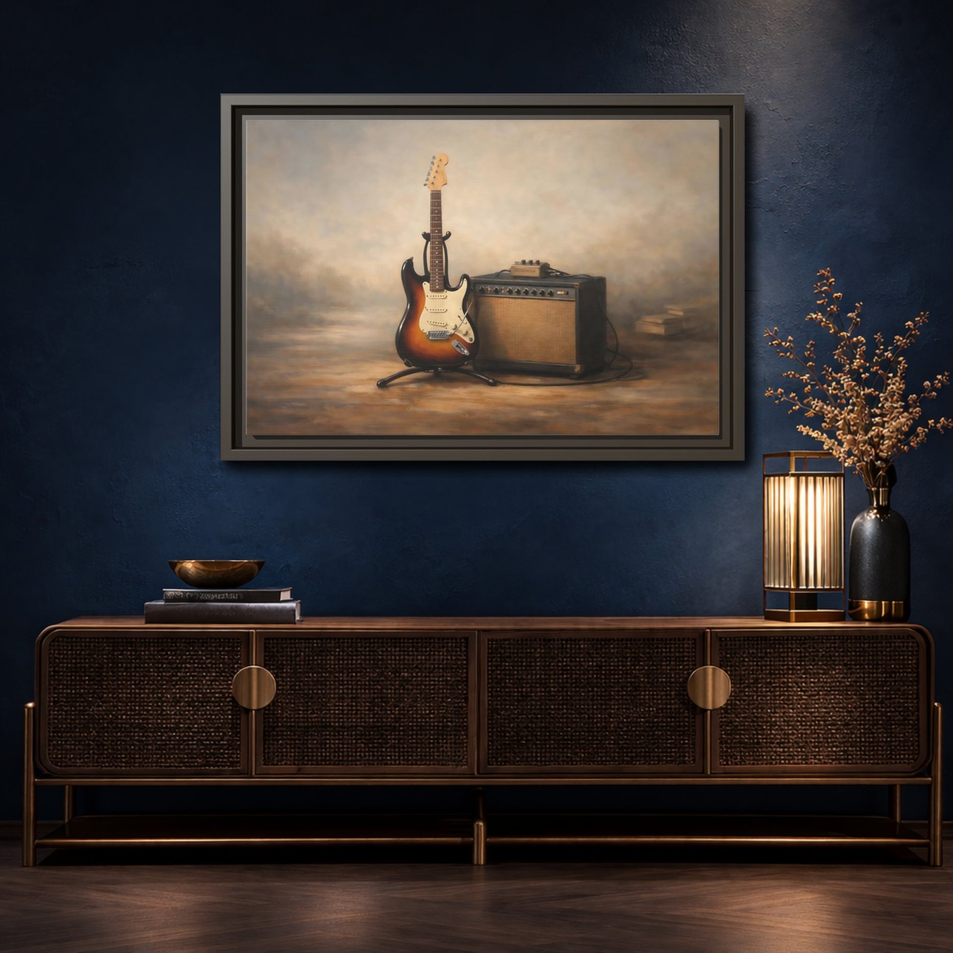 Mockup 4. Vintage Electric Guitar Brown And Gold shown as stretched canvas wall art