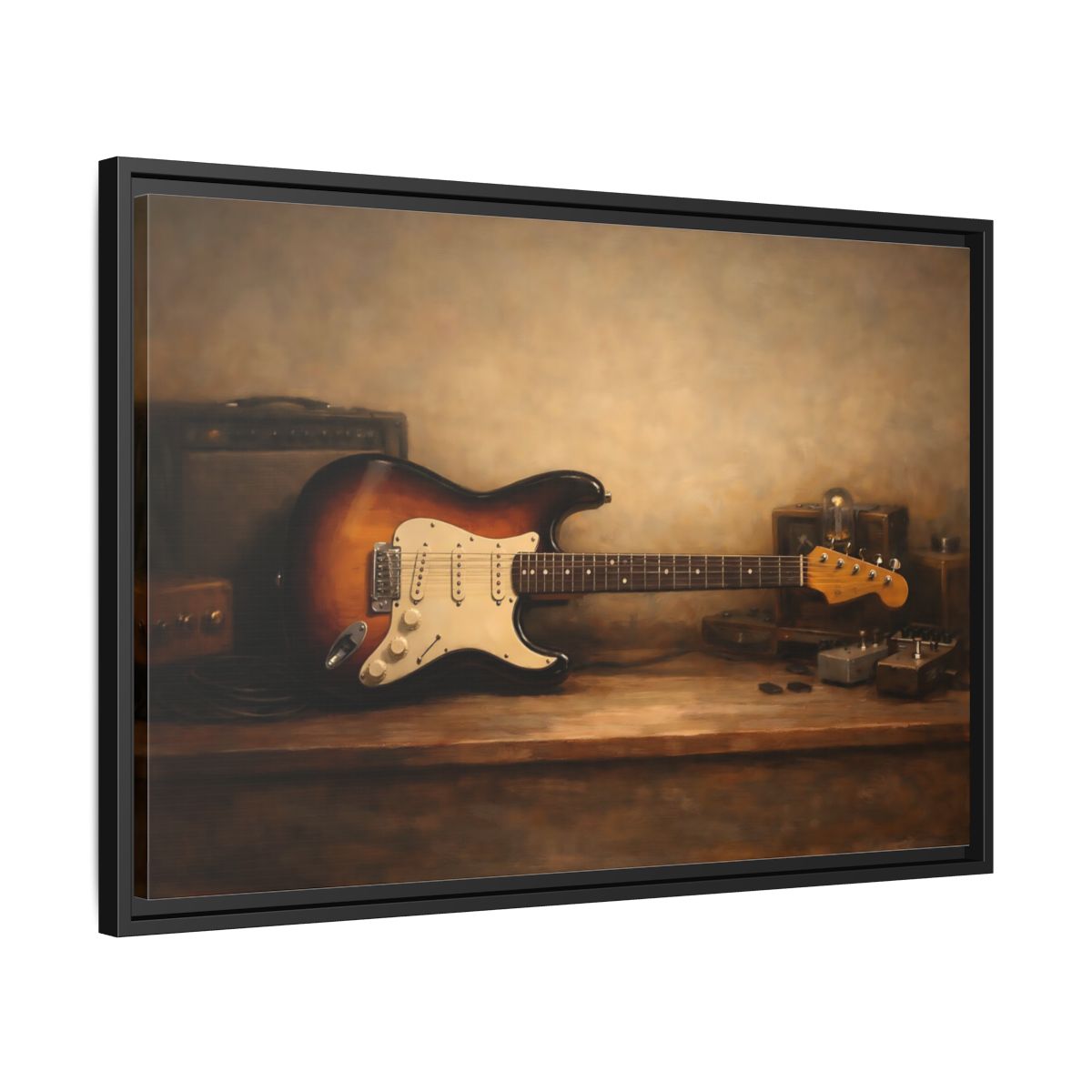 Side Mockup 14. Vintage Electric Guitar Brown Guitar Art shown as stretched canvas wall art