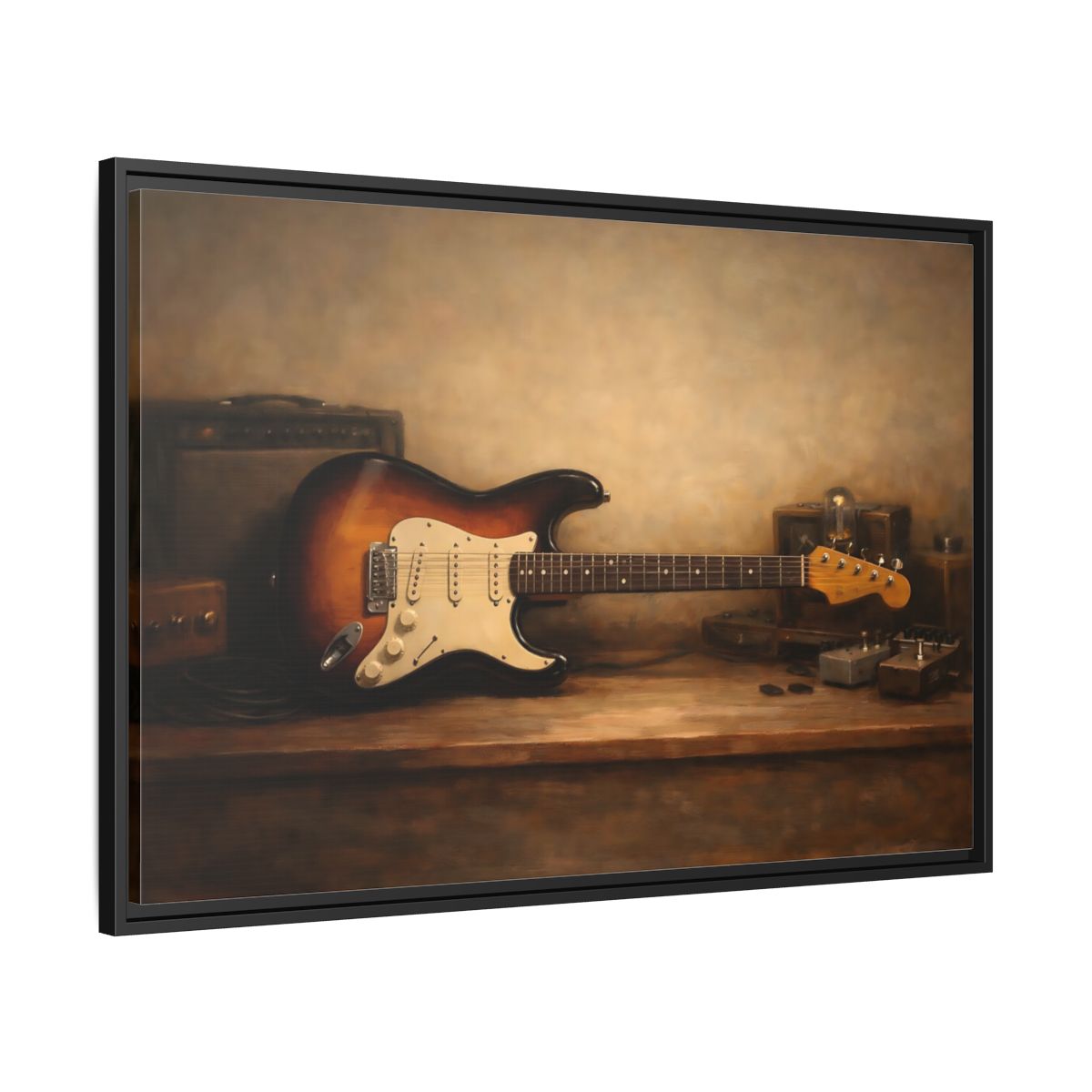 Side Mockup 13. Vintage Electric Guitar Brown Guitar Art shown as stretched canvas wall art
