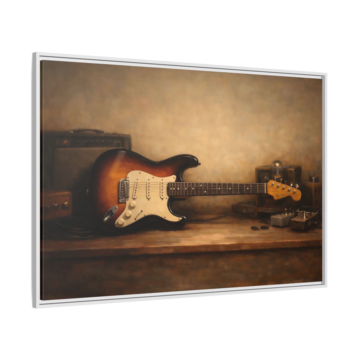 Side Mockup 7. Vintage Electric Guitar Brown Guitar Art shown as stretched canvas wall art