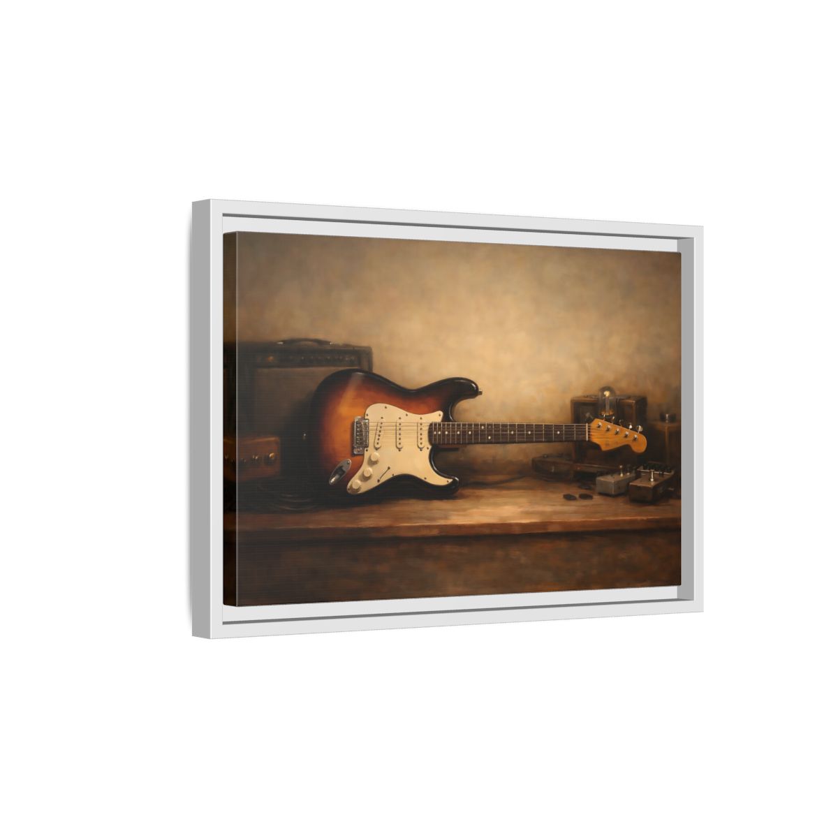 Side Mockup 4. Vintage Electric Guitar Brown Guitar Art shown as stretched canvas wall art
